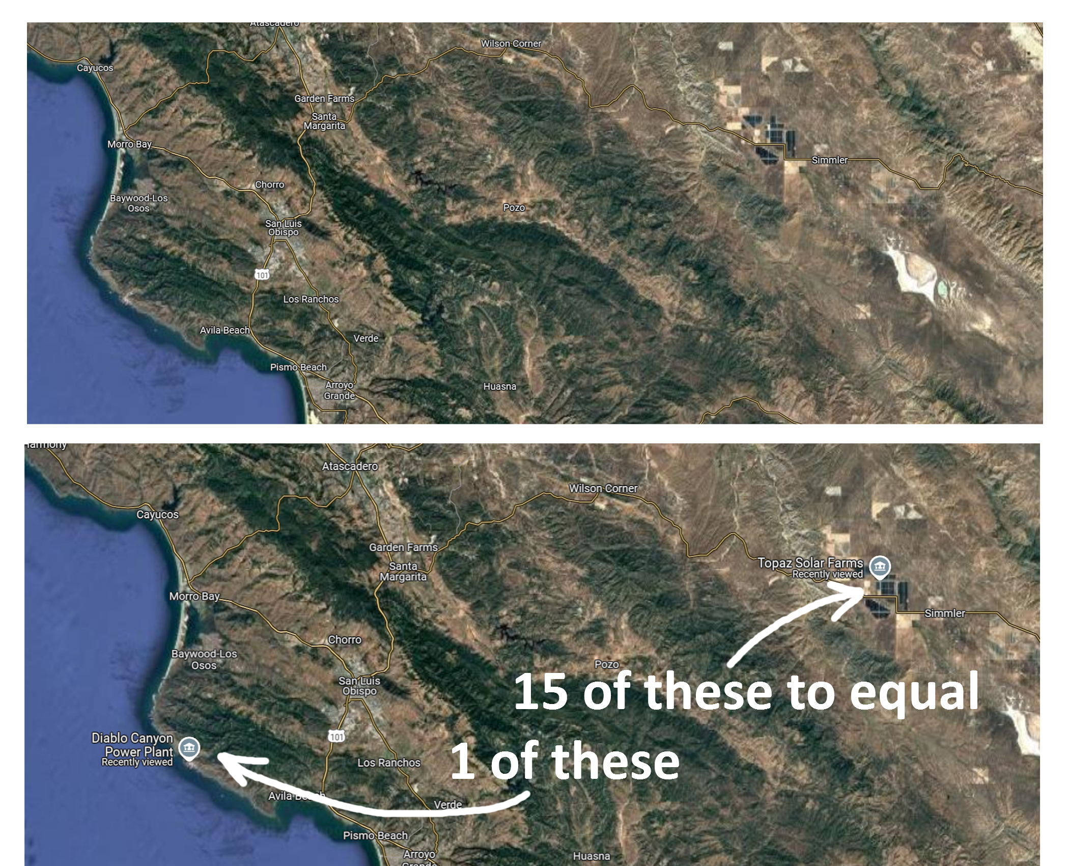 Topaz Solar farms vs. Diablo canyon satellite imagery comparison